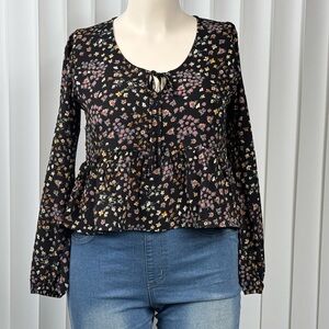 Hippie Rose Black Floral Tie-Front Peplum Blouse Size M PTP 19 NWT